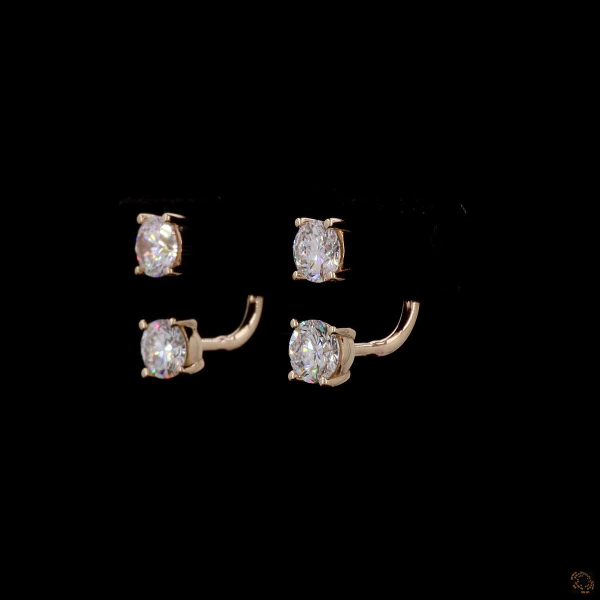 1.05 Ct Two-Stone Diamond Ear Jacket Earrings, Solid 14K Yellow Gold Round Solitaire Studs with Curved Drop Attachment
