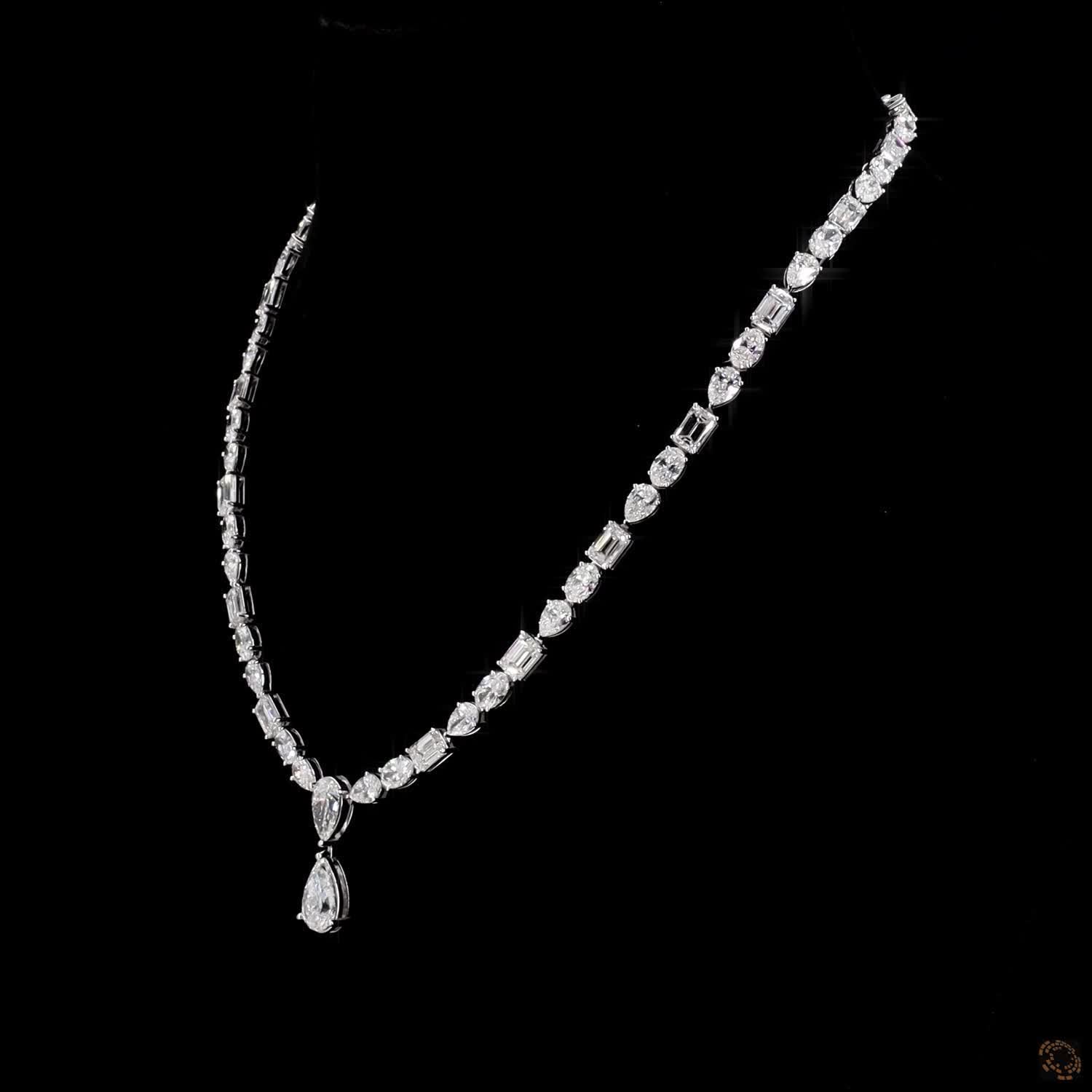 31.86 Ct Multi-Shape Diamond Tennis Necklace with Pear Drop | Mixed Cut Fancy Diamond Riviera Necklace in White Gold