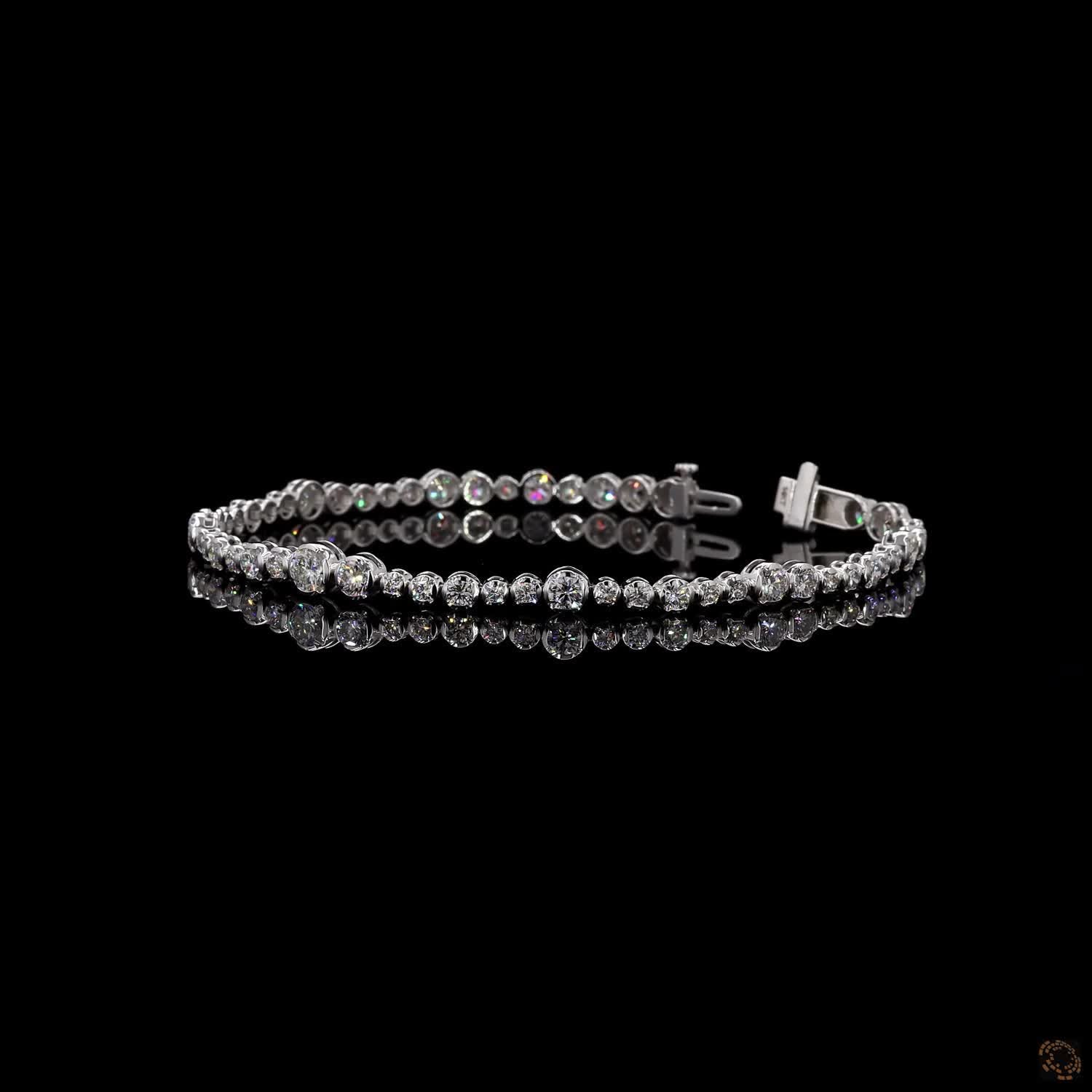 6.33 Ct 4K White Gold Graduated Round Cut Moissanite Bezel Fancy Bracelet with Double Latch Box Clasp