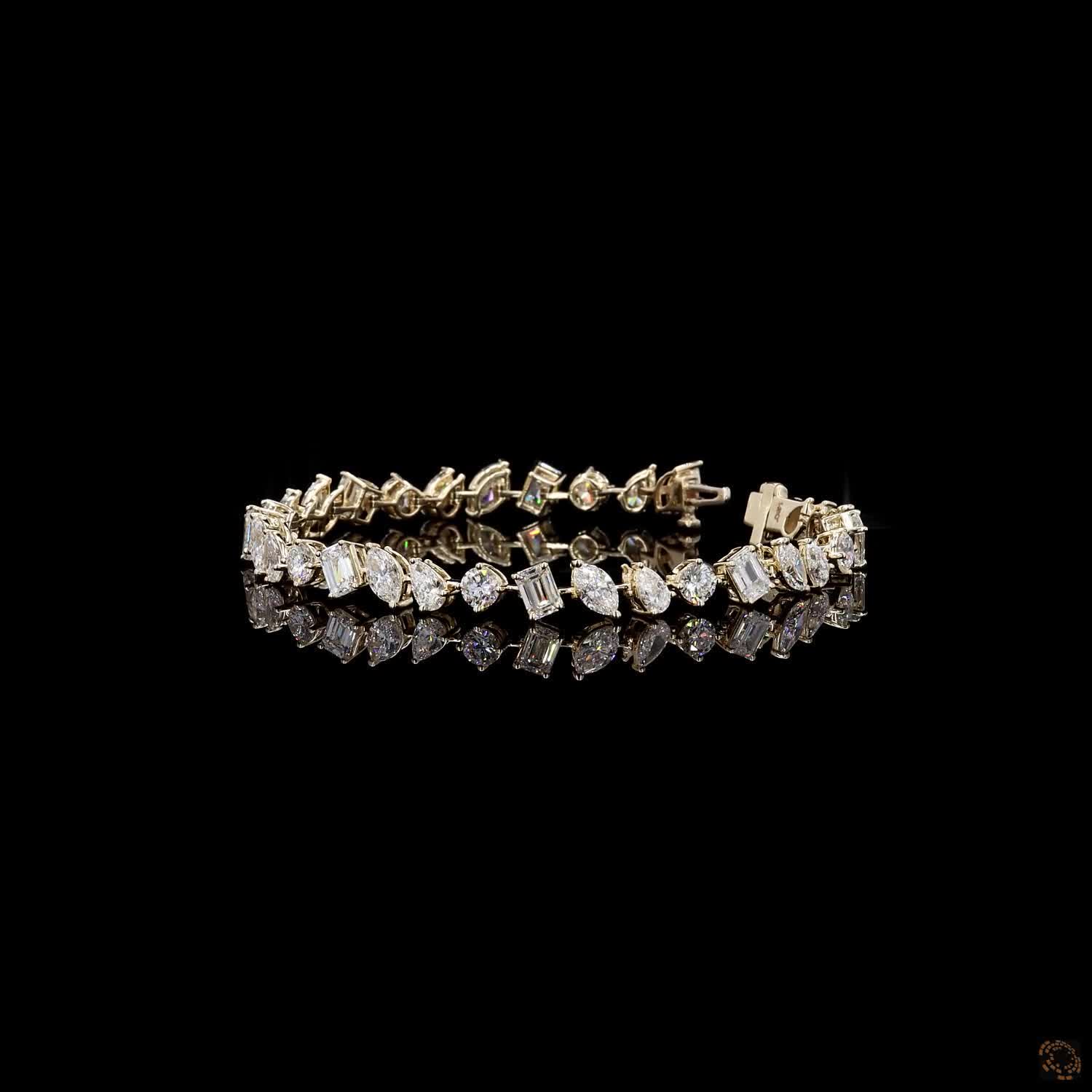 7.02 Ct Multi-Shape  Mixed Cut Fancy Bracelet in 14K Yellow Gold | Fancy Multi-Cut Cluster Eternity Line Bracelet