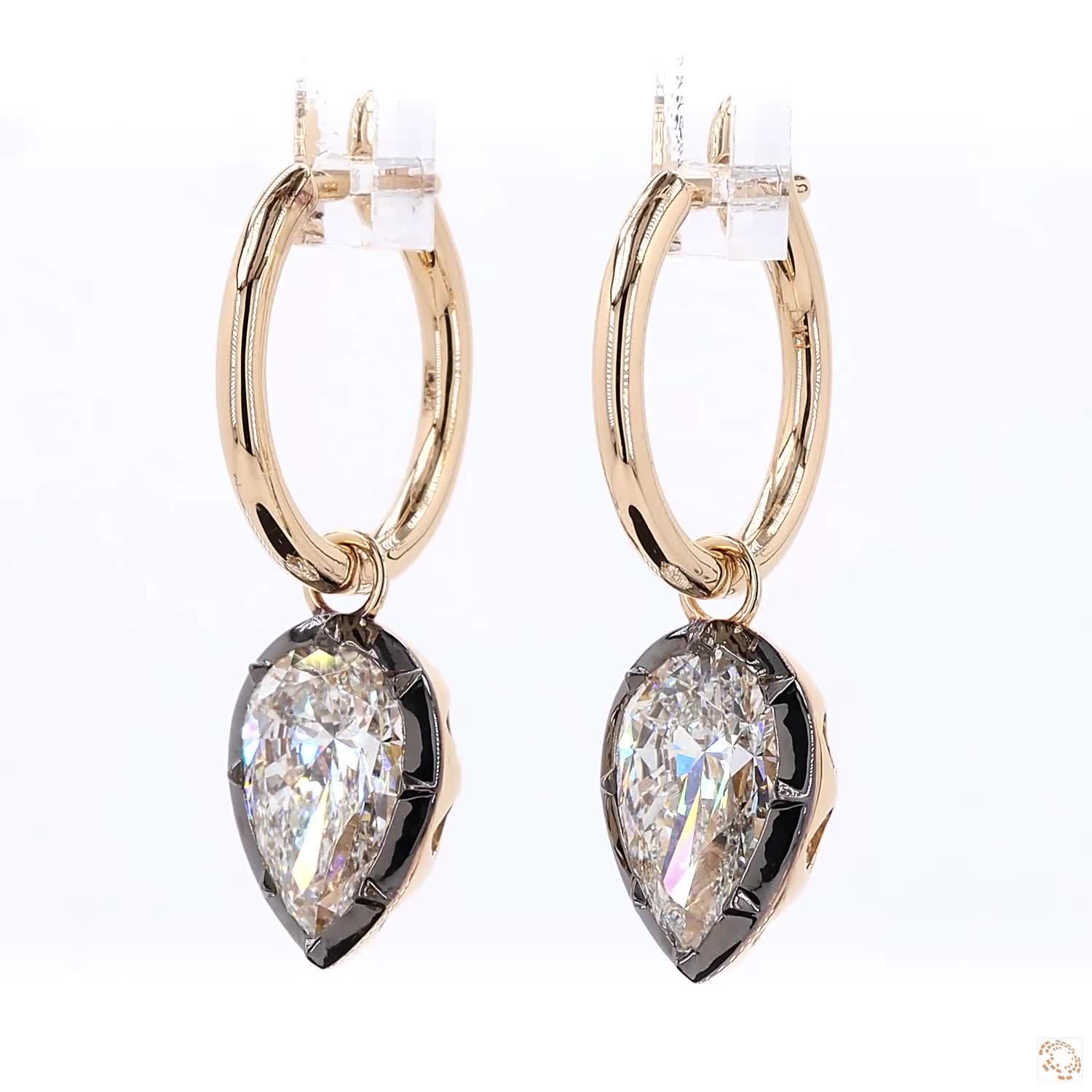 4.16 Ct Black Rhodium Pear Cut Diamond Drop Huggie Earrings in 14K Gold | Two-Tone Teardrop Hoops