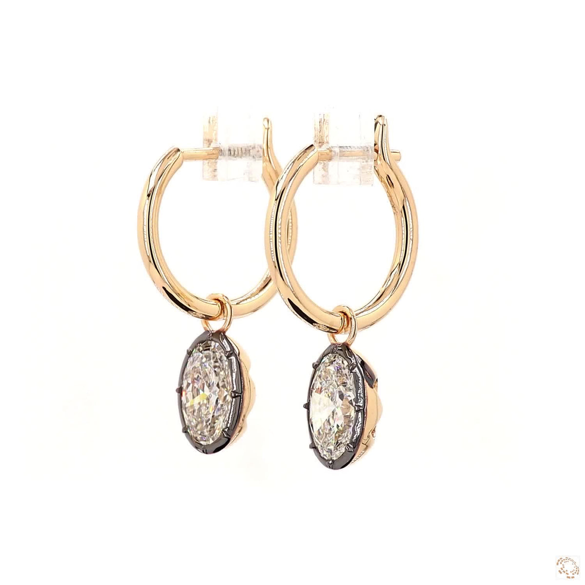 3.06 Ct 14K Gold Oval Solitaire Diamond Dangle Hoop Earrings – Black Rhodium Framed Drop Earrings