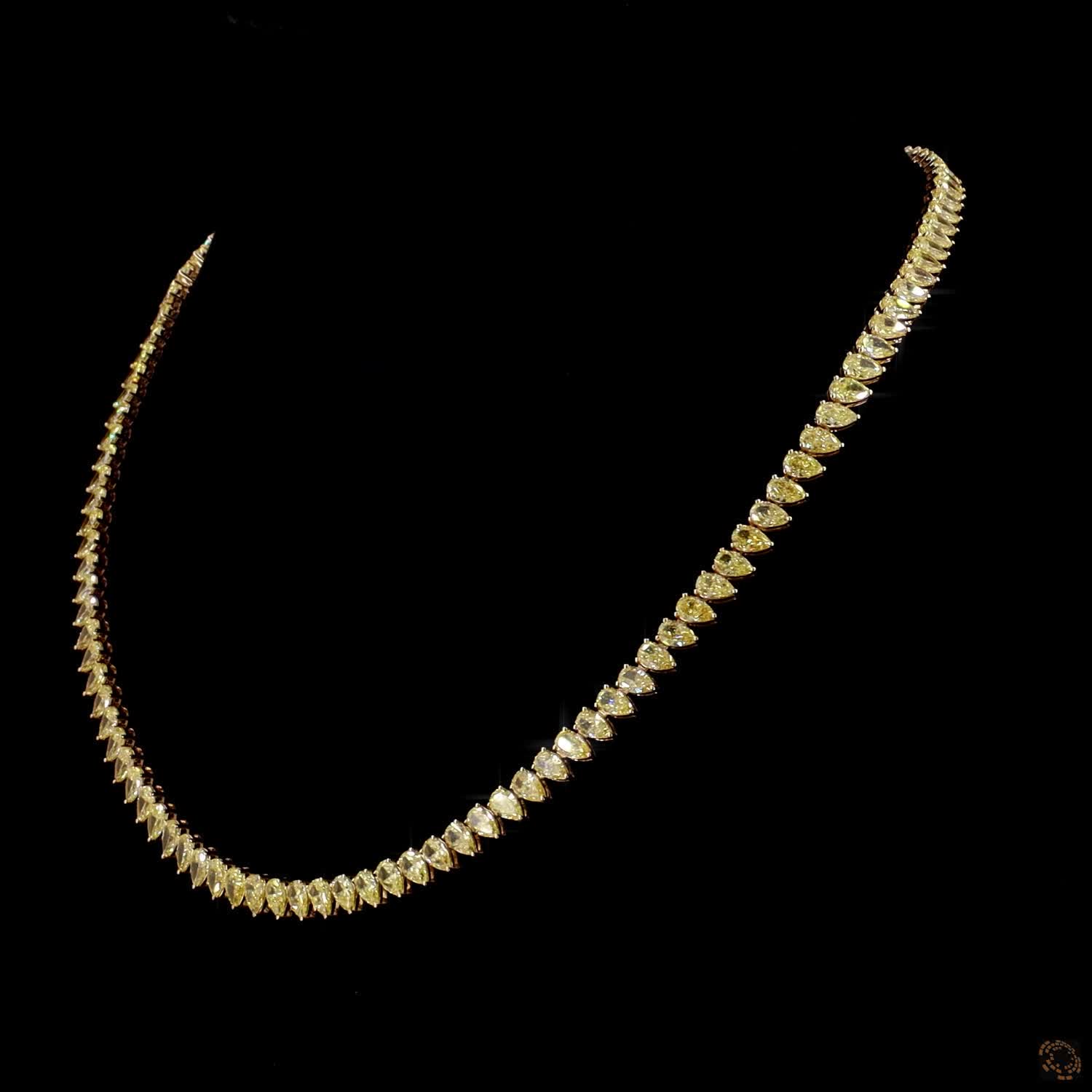 24.17 Ct Fancy Yellow Pear Cut Diamond Riviera Necklace in Yellow Gold