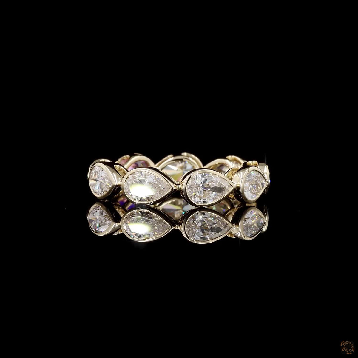2.48 Ct Pear Diamond Bezel Eternity Band | Gold East-West Diamond & Pink Sapphire Ring