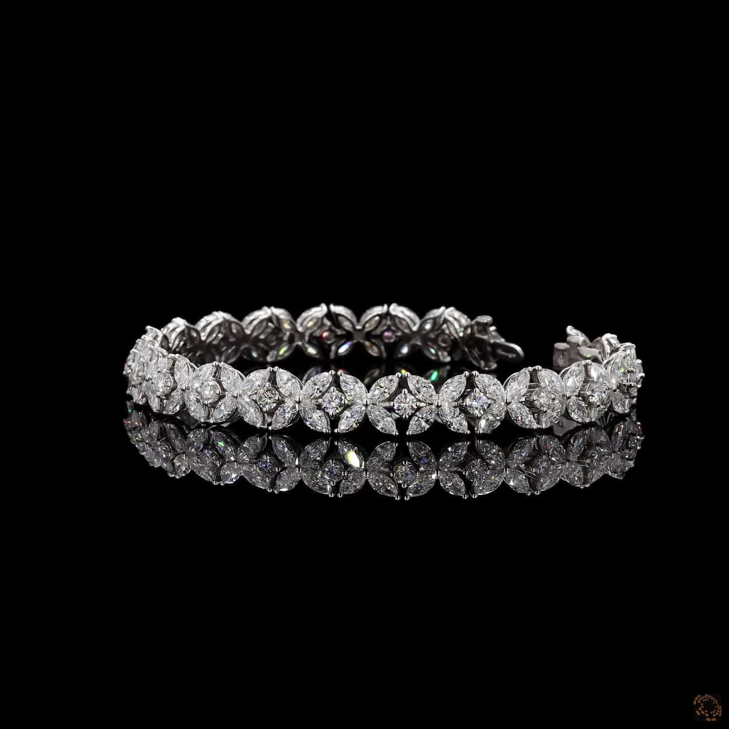 11.90 Ct Floral Marquise & Round Moissanite Fancy  Bracelet in 14K White Gold | Cluster Flower Diamond Alternative Line Bracelet
