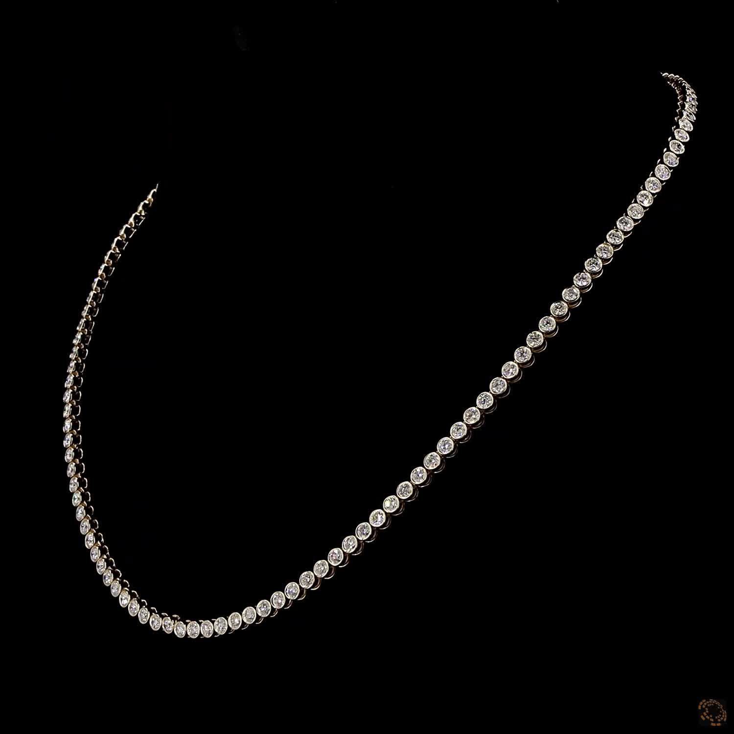 6.41 Ct Yellow Gold Bezel Set Graduated Round Diamond Tennis Necklace