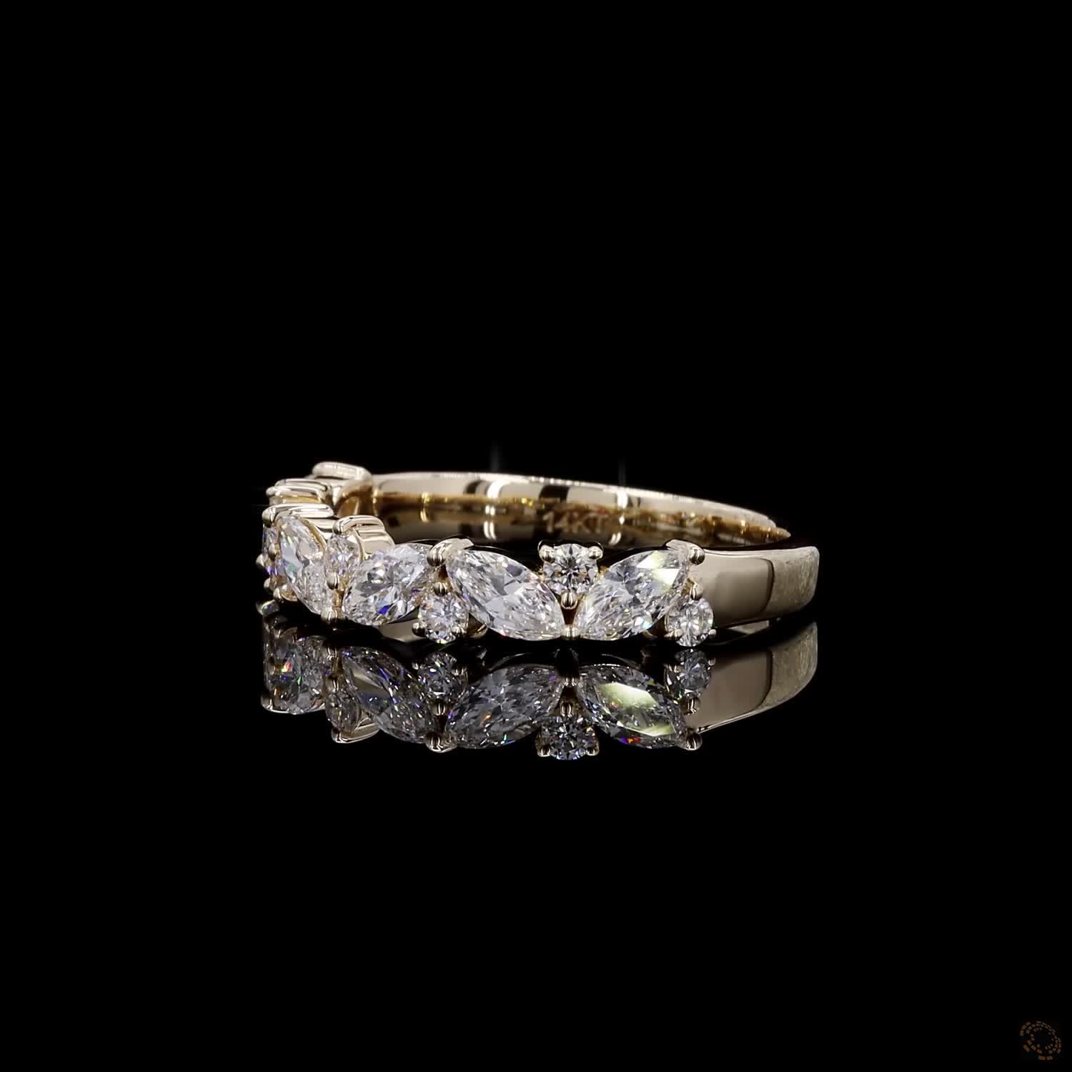 0.86 Ct 14K Yellow Gold Marquise & Round Diamond Vine Band | Leaf Cluster Wedding Ring