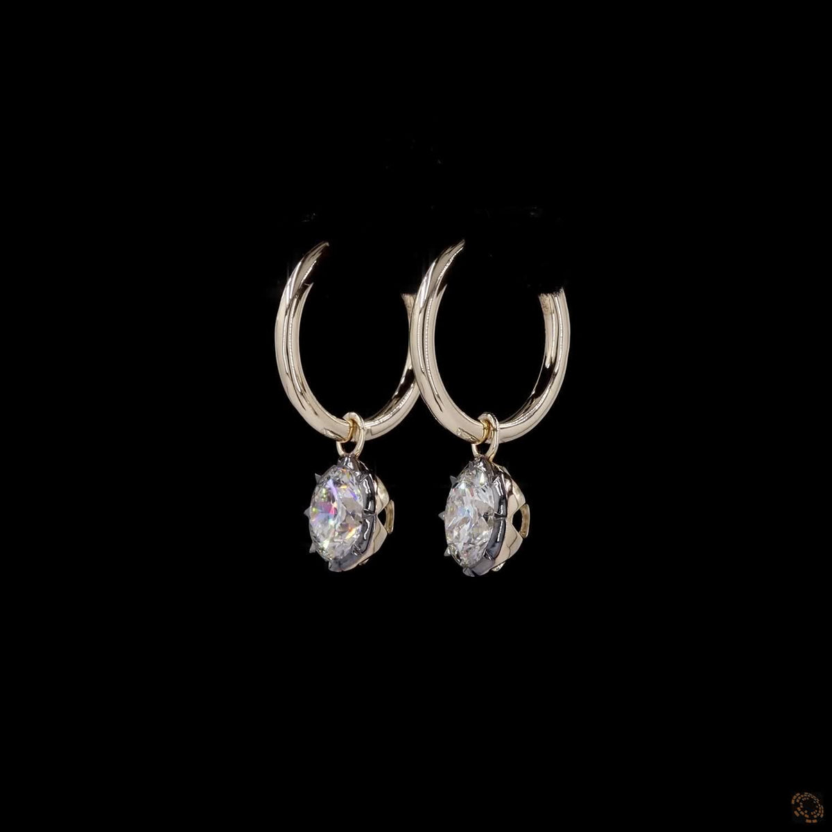 3.05 Ct Round Cut Diamond Drop Huggie Earrings in 14K Gold | Dark Bezel Solitaire Dangle Hoops