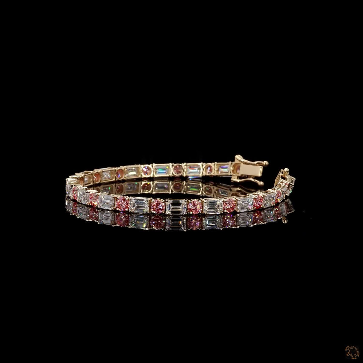 12.66 Ct Yellow Gold Pink Gemstone and Emerald Cut Diamond Alternating Tennis Bracelet  Alternative High-Volume Title: Two-Tone Pink Sapphire and Emerald Cut Diamond Line