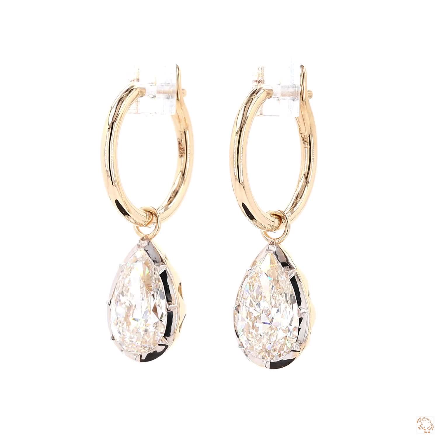 4.11 Ct Pear Cut Diamond Dangle Huggie Hoop Earrings, 14K Gold Teardrop Drop Earrings