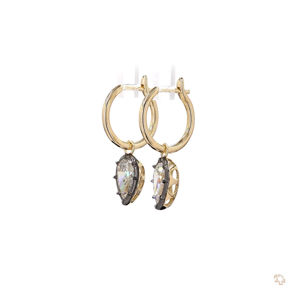 4.16 Ct Pear Cut Diamond Drop Huggie Earrings in 14K Gold | Blackened Bezel Teardrop Dangle Hoops