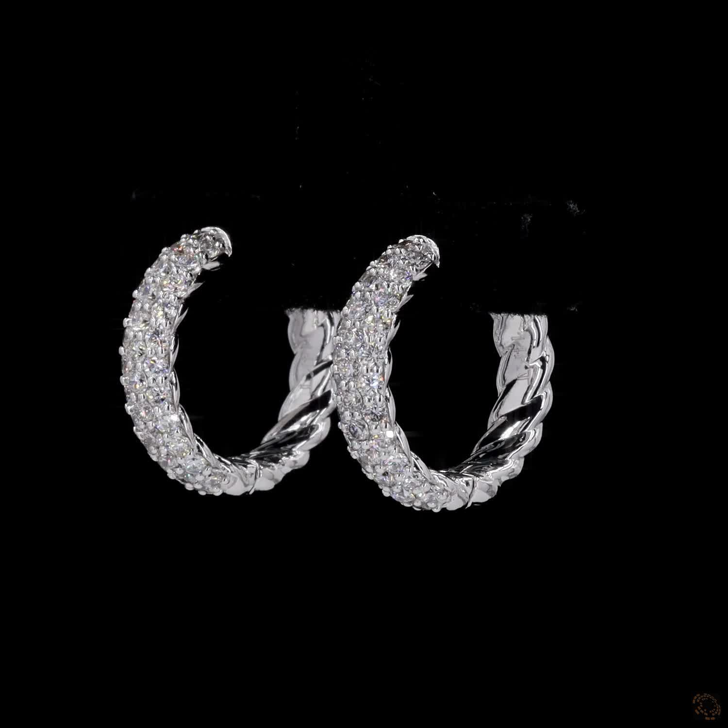 0.87 Ct Diamond Pavé Cable Twist Hoop Earrings in 14K White Gold | 3-Row Pavé Front & Twisted Back Huggie Hoops