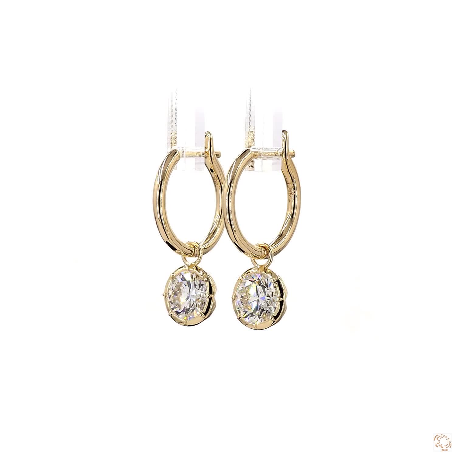 3.08 Ct 14K Yellow Gold Round Cut Solitaire Diamond Dangle Hoop Earrings – Bezel Framed Charm Drops