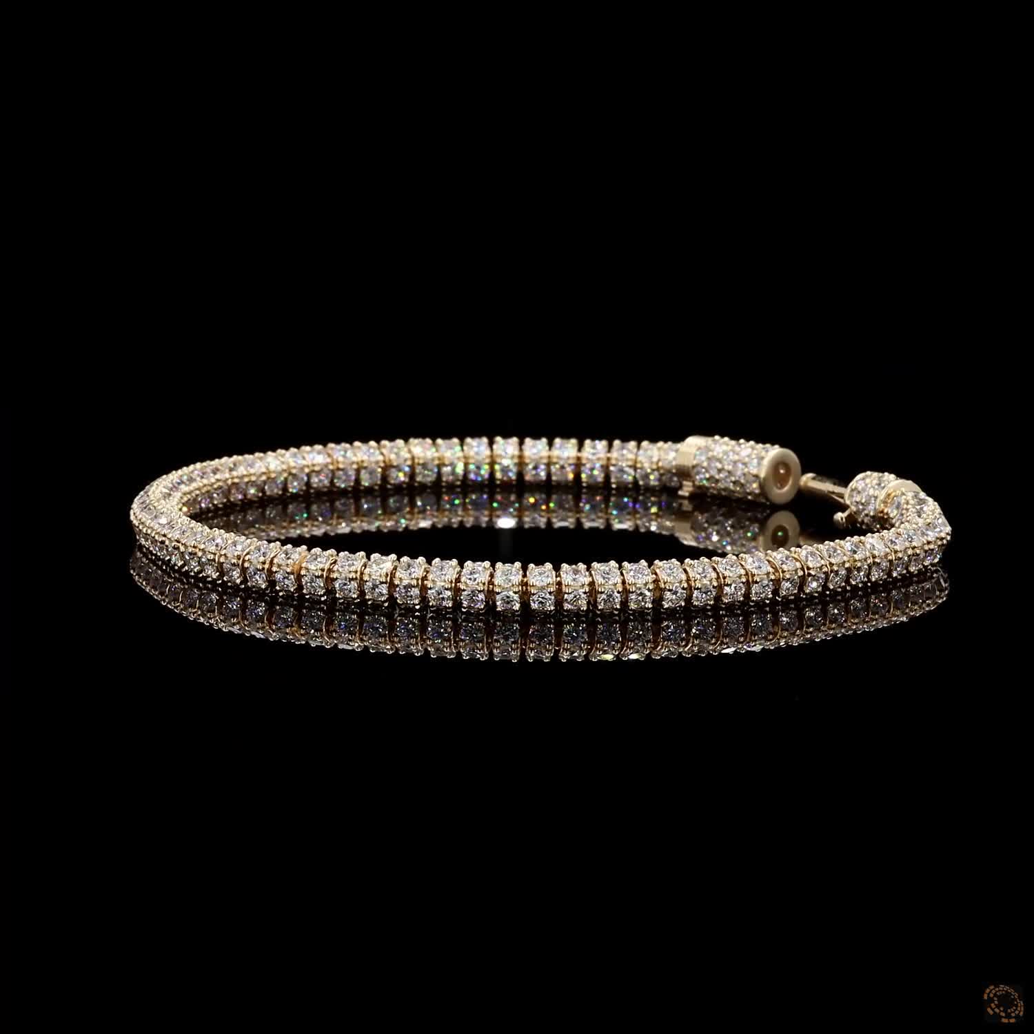 10.28 Ct 14K Yellow Gold Double-Row Round Fency Bracelet with Fully Encrusted Cylinder Clasp