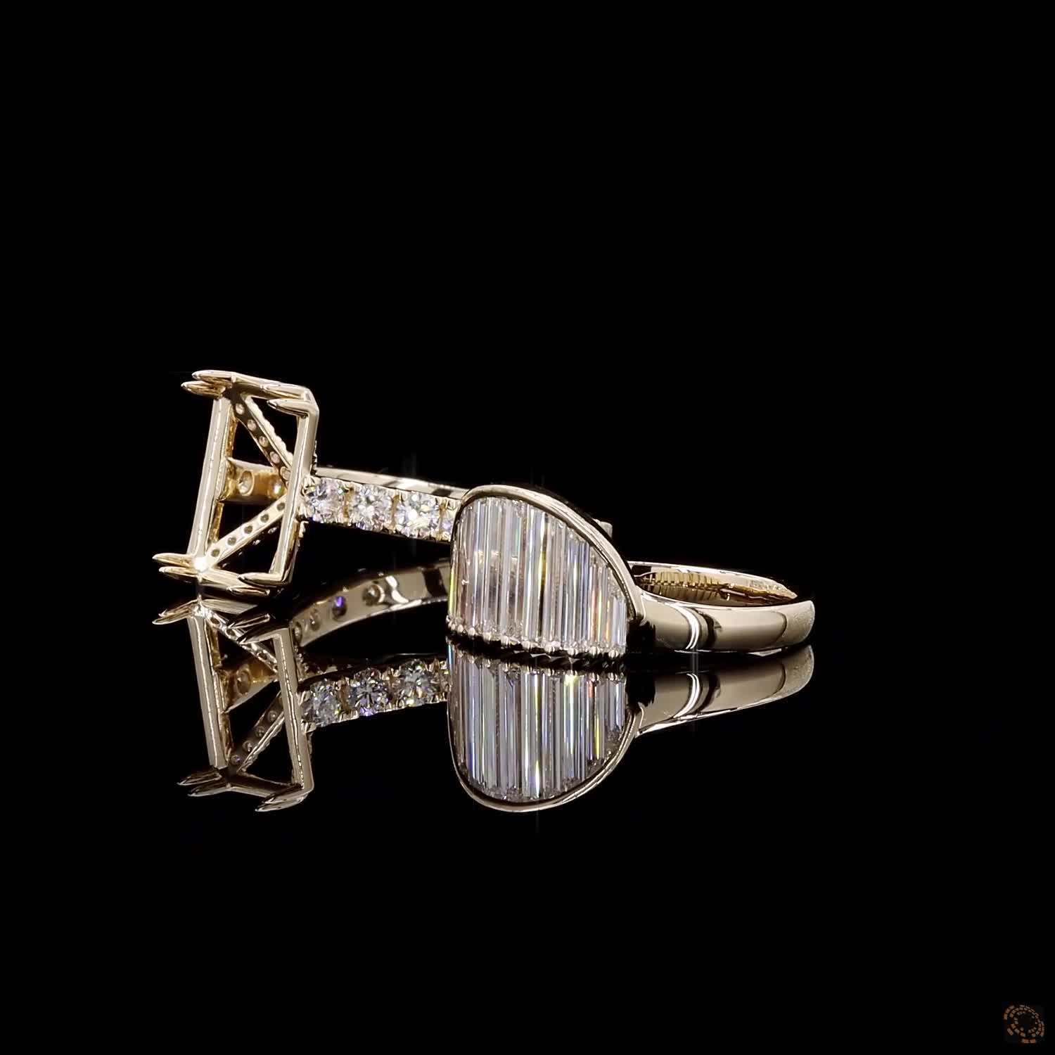 2.24 Ct Avant-garde two-ring bridal set comprising a half-moon shaped band paved with vertical baguette cut diamonds and a complementary high-set semi-mount engagement ring