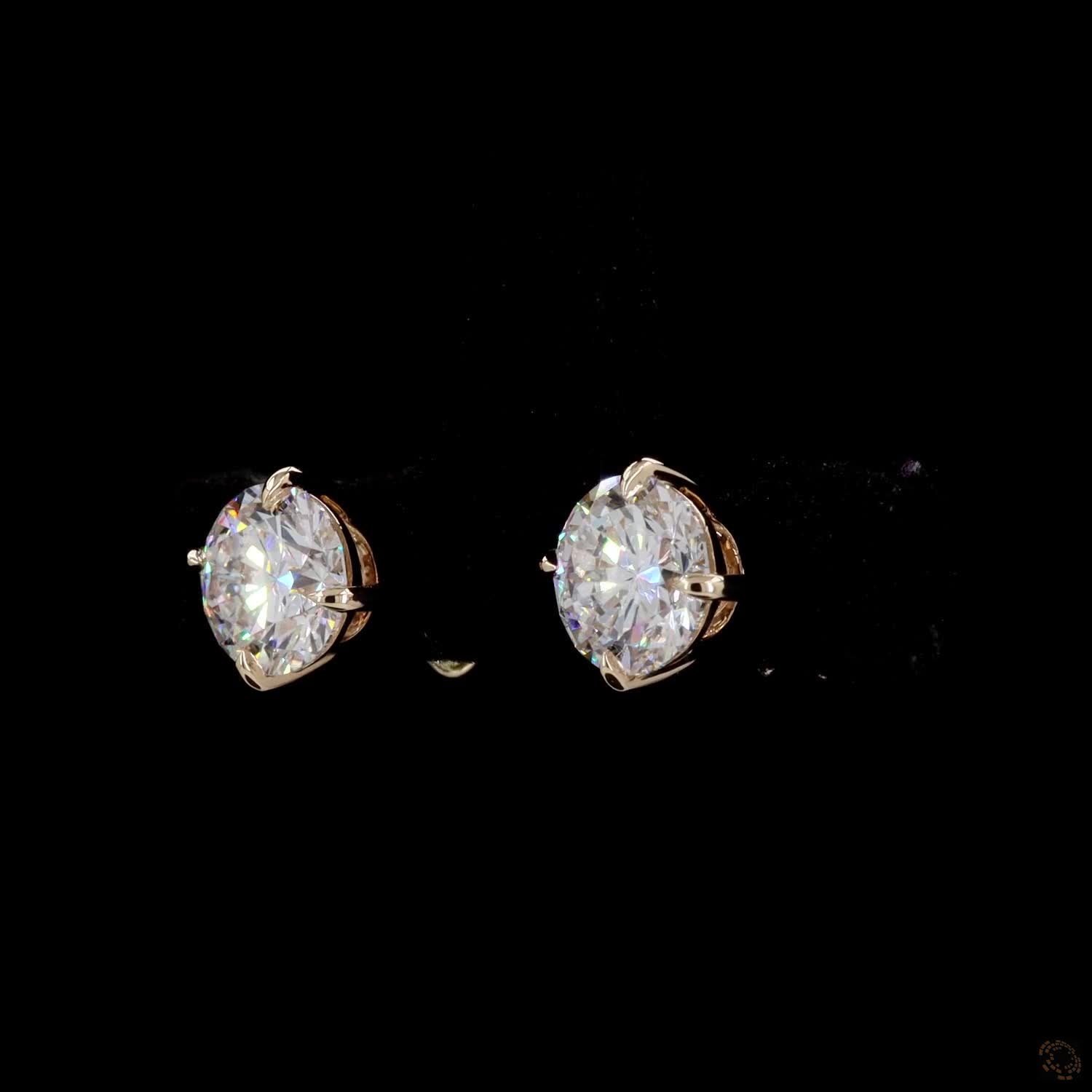 2.08 Ct Solid 14K Yellow Gold Round Brilliant Diamond Stud Earrings – 3-Prong Martini Solitaire Studs