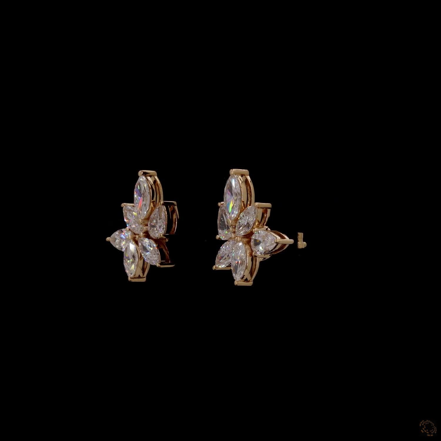 2.93 Ct Marquise Cut  Cluster Stud Earrings in 14K Yellow Gold | Floral Leaf Cluster Earring