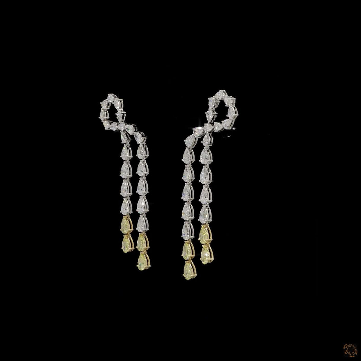 14.88 Ct Pear Cut Diamond Bow Ribbon Waterfall Drop Earrings | White & Fancy Yellow Diamond Dangle Earrings