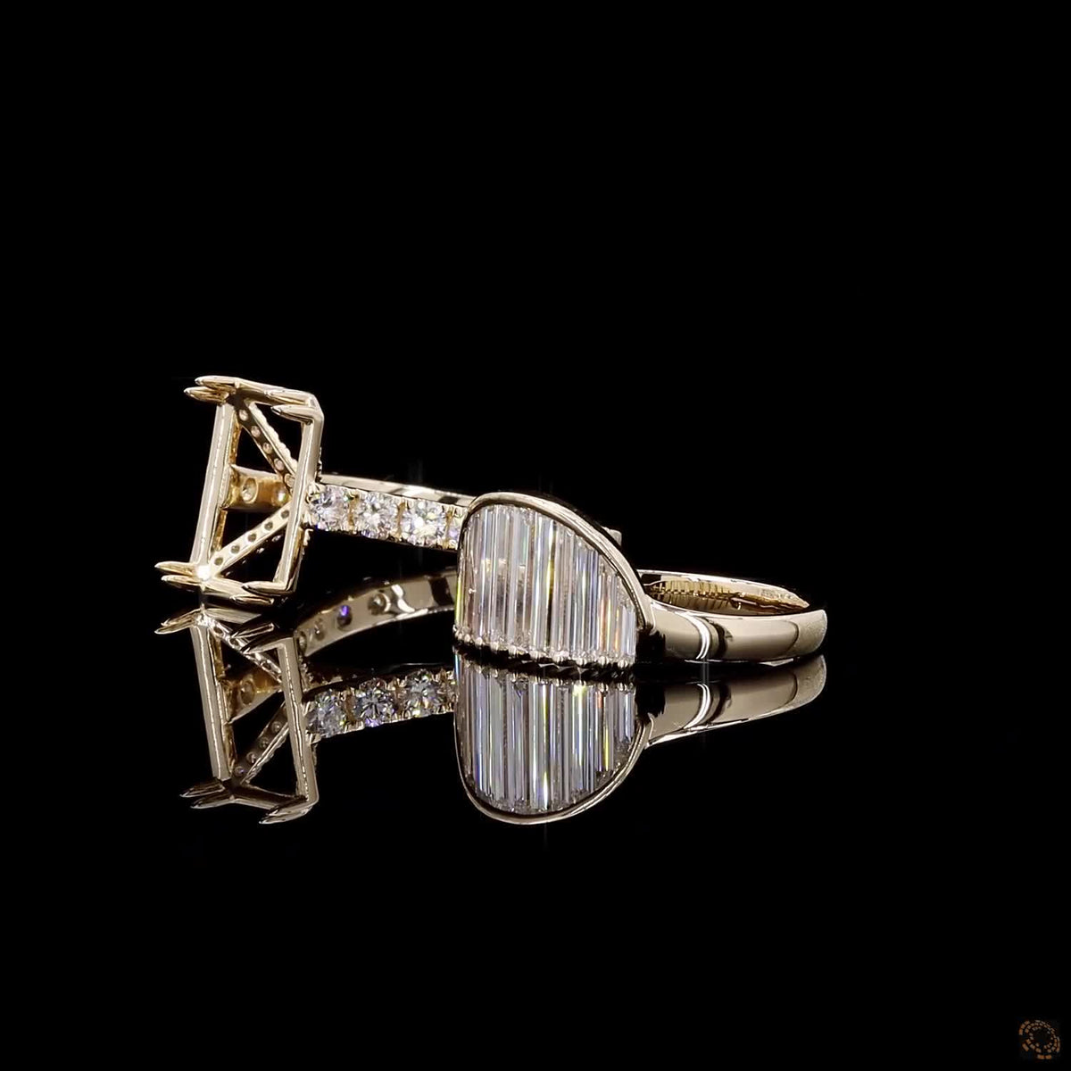 2.24 Ct Avant-garde two-ring bridal set comprising a half-moon shaped band paved with vertical baguette cut diamonds and a complementary high-set semi-mount engagement ring