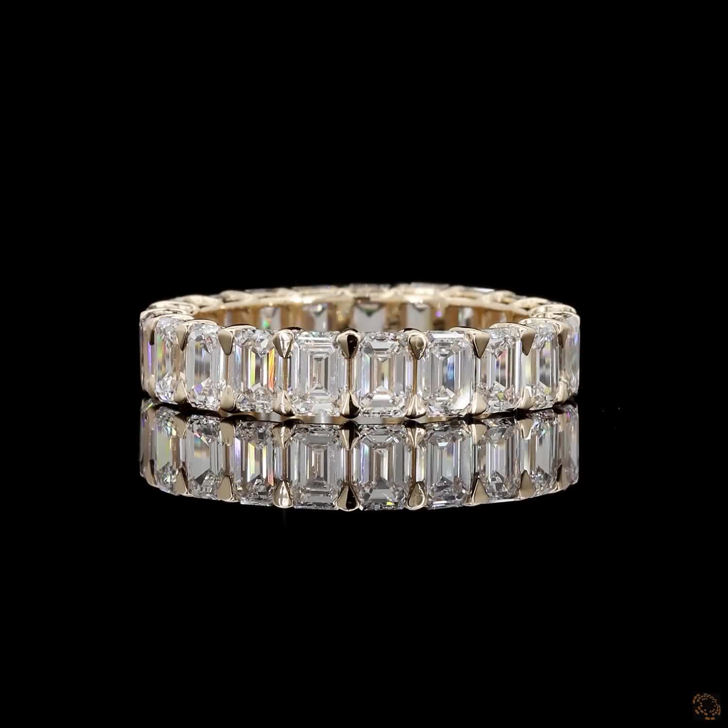 5.16 Ct Emerald Cut Diamond Full Eternity Ring, 4-Prong Shared Setting, 14K Yellow Gold Matching Bridal Band