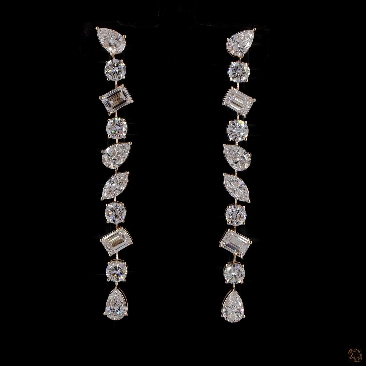 4.62 Ct 14K Gold Multi-Cut Diamond Drop Earrings – Emerald, Pear, Marquise & Round Linear Statement Earrings