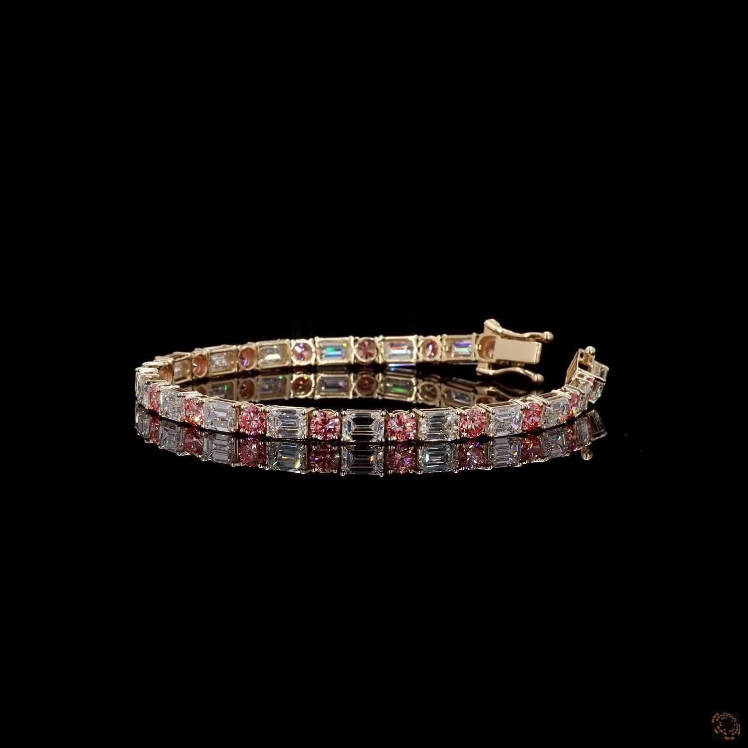 12.66 Ct Yellow Gold Pink Gemstone and Emerald Cut Diamond Alternating Tennis Bracelet  Alternative High-Volume Title: Two-Tone Pink Sapphire and Emerald Cut Diamond Line