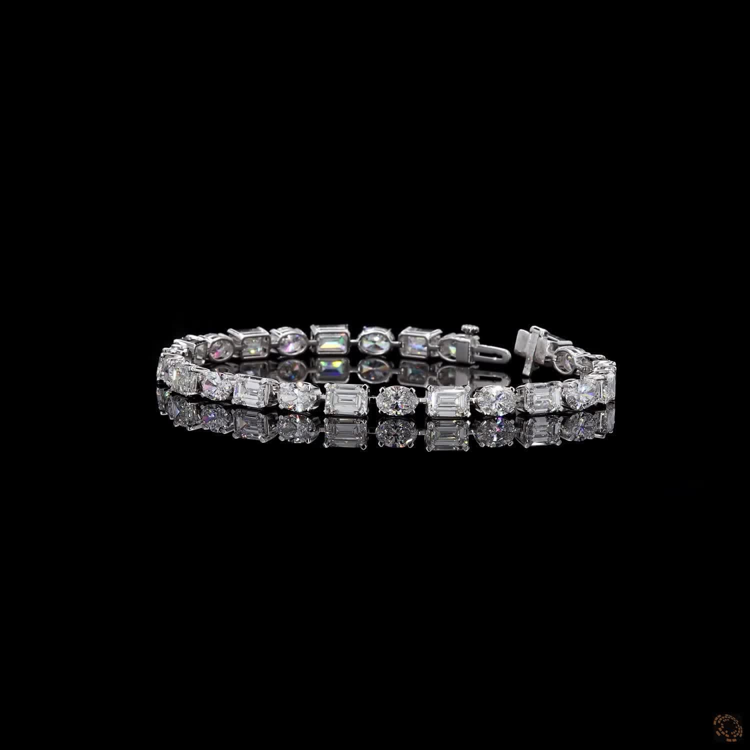 14.50 Ct White Gold Emerald & Oval Cut Moissanite Fancy Bracelet, Alternating East-West Fancy Cut Eternity Bracelet, Icy Fine Jewelry Gift for Her