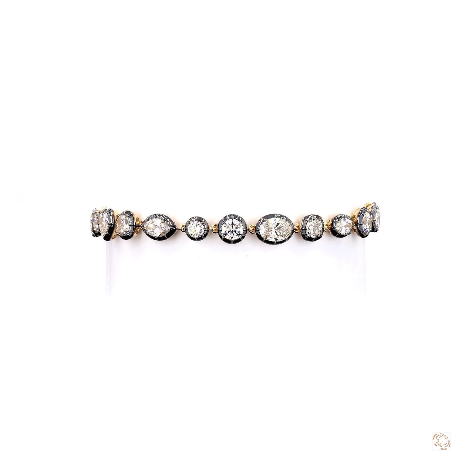 9.15 Ct Multi-Shape Diamond Black Enamel Bezel Bracelet in 14K Yellow Gold
