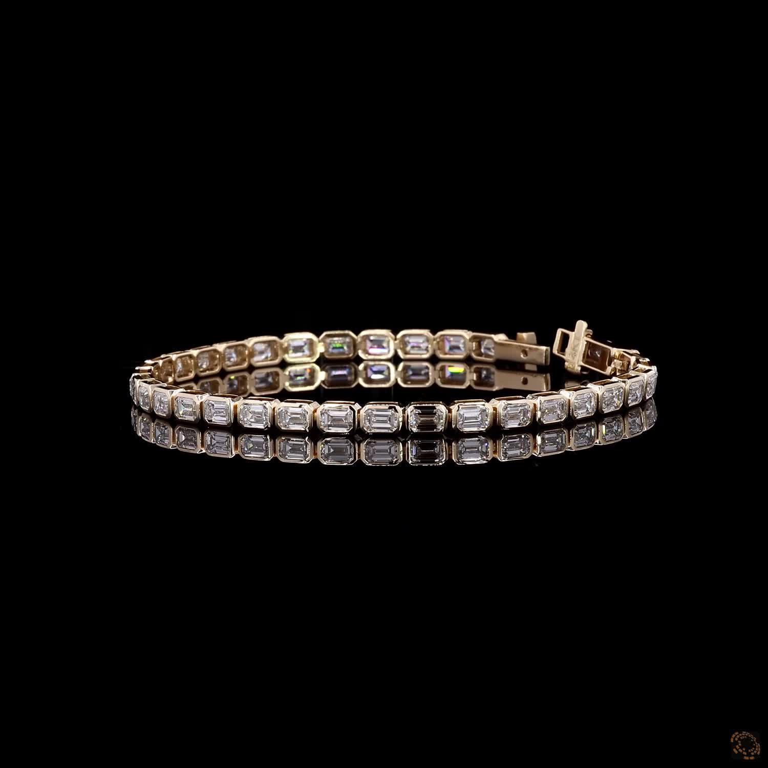 8.71 Ct East-West Emerald Cut Bezel SeTennis  Bracelet in 14K Yellow Gold | Bezel Step Cut Eternity Line Bracelet