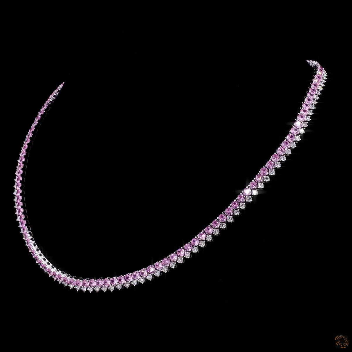 27.46 Ct Pink Sapphire and Diamond Two-Row Fringe Graduated Tennis Necklace in White Gold