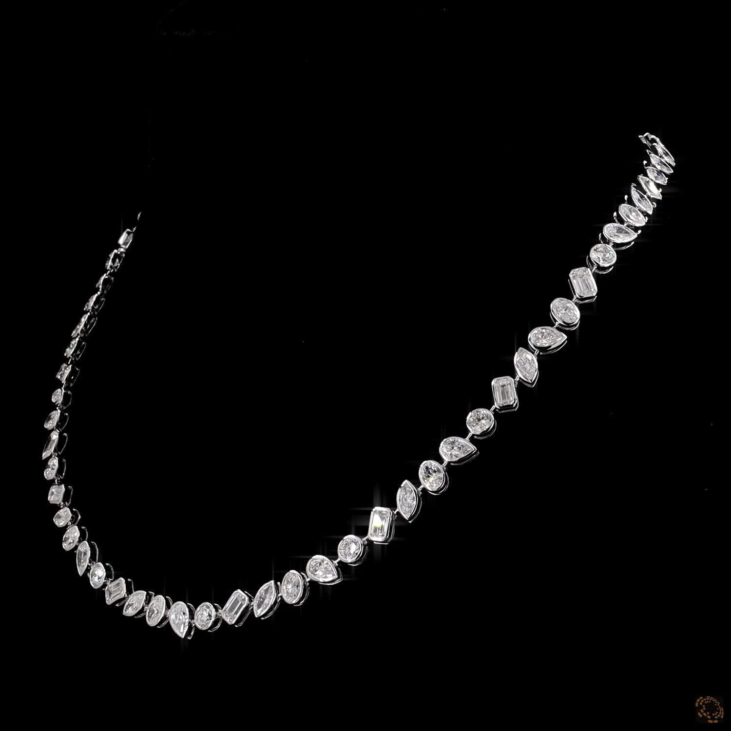 17.19 Ct White Gold Bezel Set Fancy Shape Diamond Mosaic Tennis Necklace