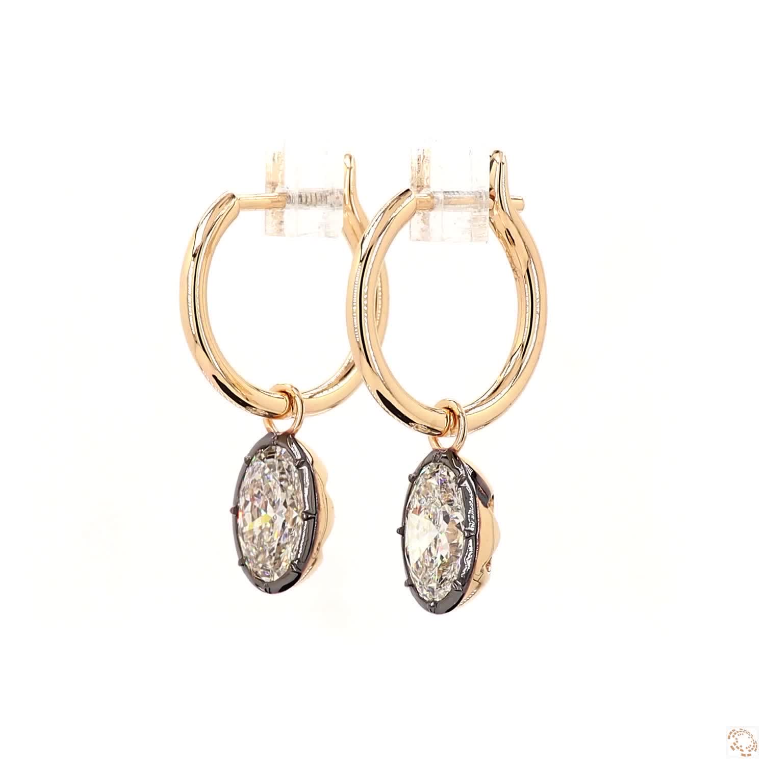 3.06 Ct 14K Gold Oval Solitaire Diamond Dangle Hoop Earrings – Black Rhodium Framed Drop Earrings