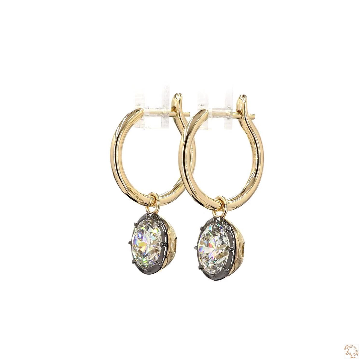 4.01 Ct Round Cut Diamond Drop Huggie Earrings in 14K Gold | Blackened Bezel Solitaire Dangle Hoops