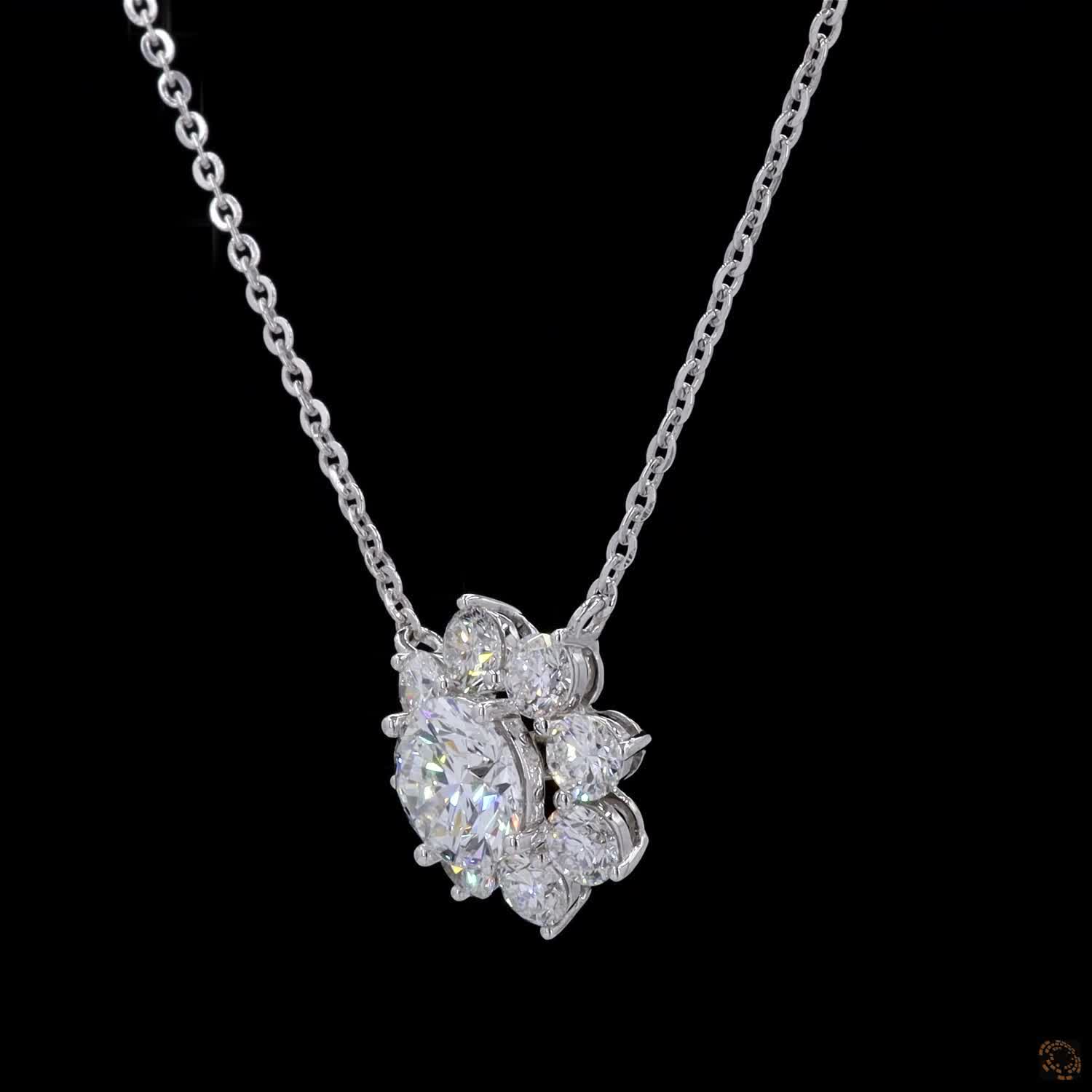 3.91 Cts Pendant Necklace with a Brilliant Round Center Stone and Multi-Stone Cluster