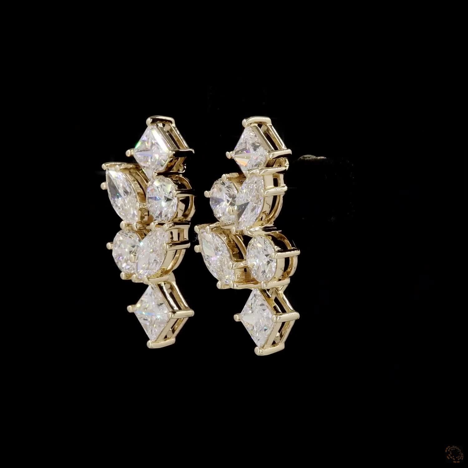 5.62 Ct Yellow Gold Multi-Cut Earrings, Geometric Cluster Ear Climbers, Unique Bridal & Evening Fine Jewelry