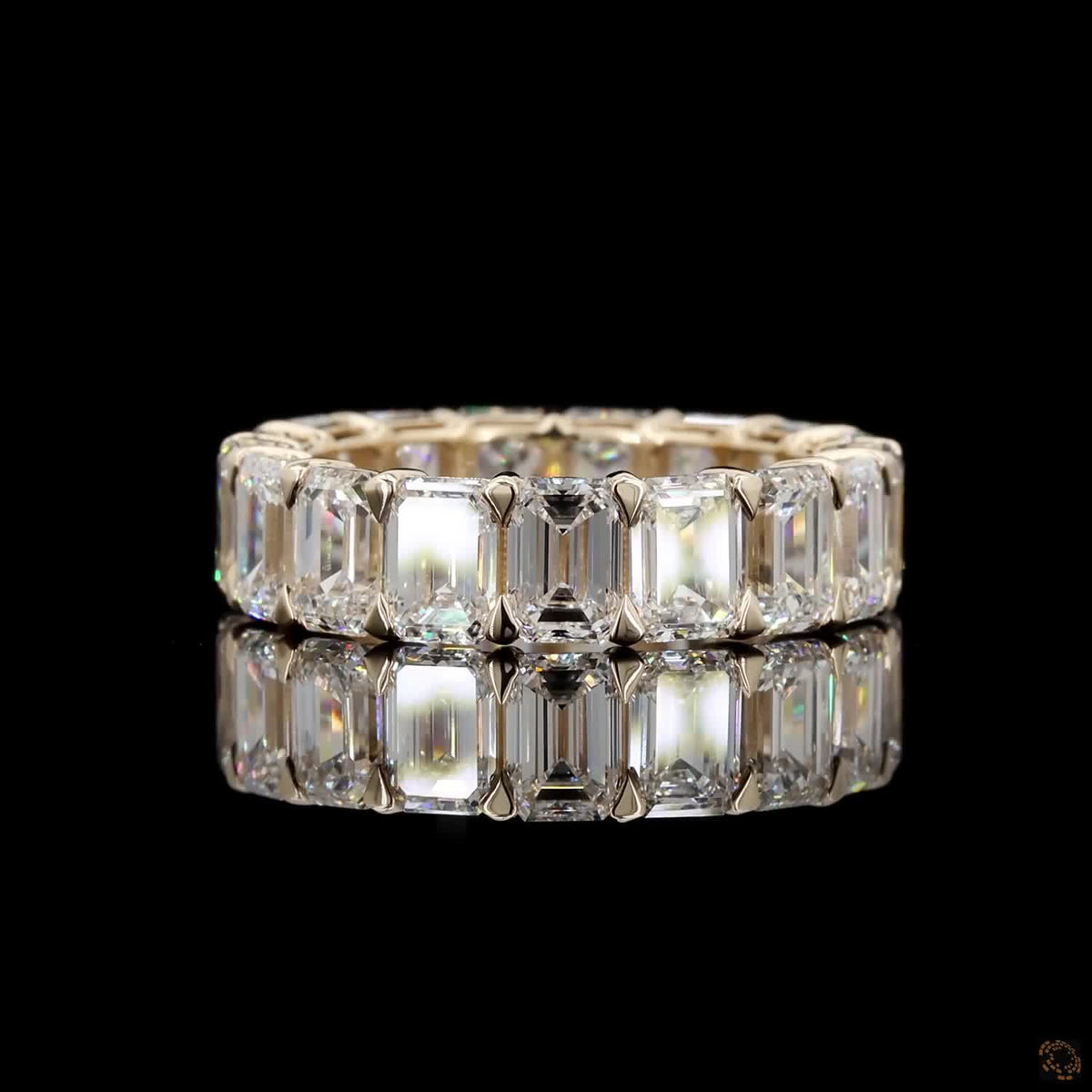 9.49 Ct Emerald Cut Diamond Full Eternity Ring, 4-Prong Shared Setting, 14K Yellow Gold Matching Bridal Band