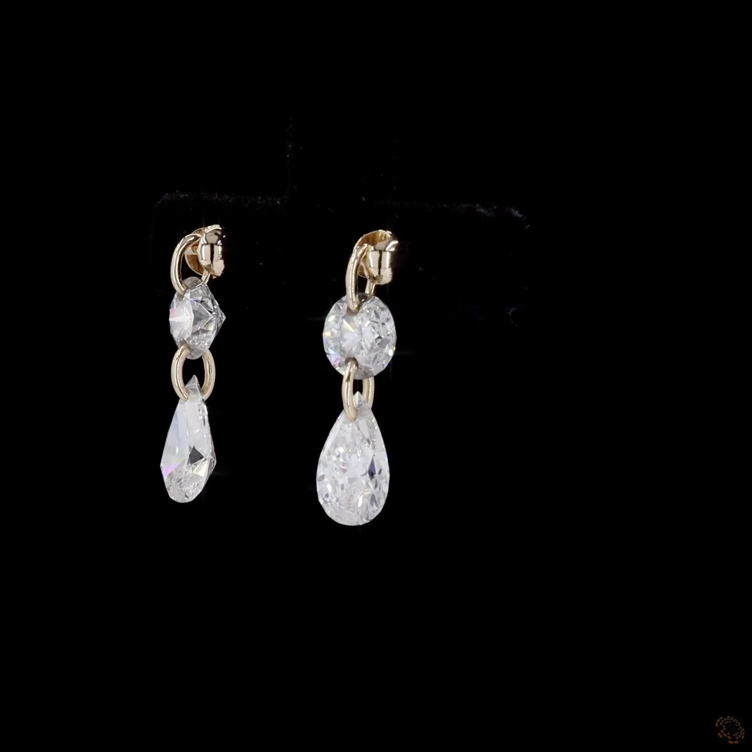 1.89 Ct 14K Yellow Gold Round & Pear Cut Two-Stone Drop Earrings