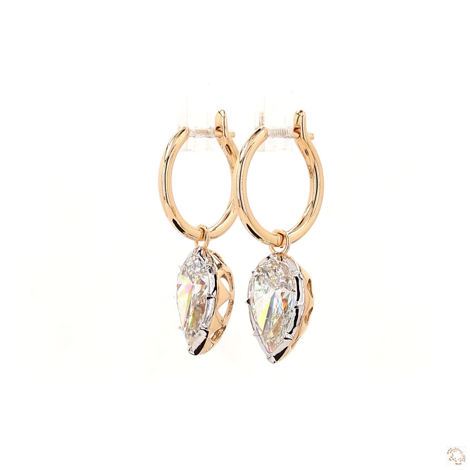 6.09 Ct Pear Cut Diamond Dangle Huggie Hoop Earrings, 14K Two-Tone Gold Teardrop Solitaire Drops