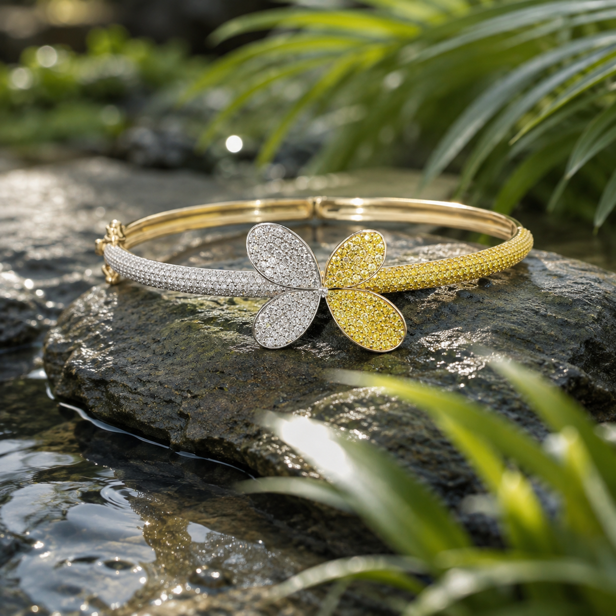 4.86 Ct Two-Tone Diamond Butterfly Bangle Bracelet – 14K Gold Pavé Diamond & Yellow Floral Cuff Jewelry