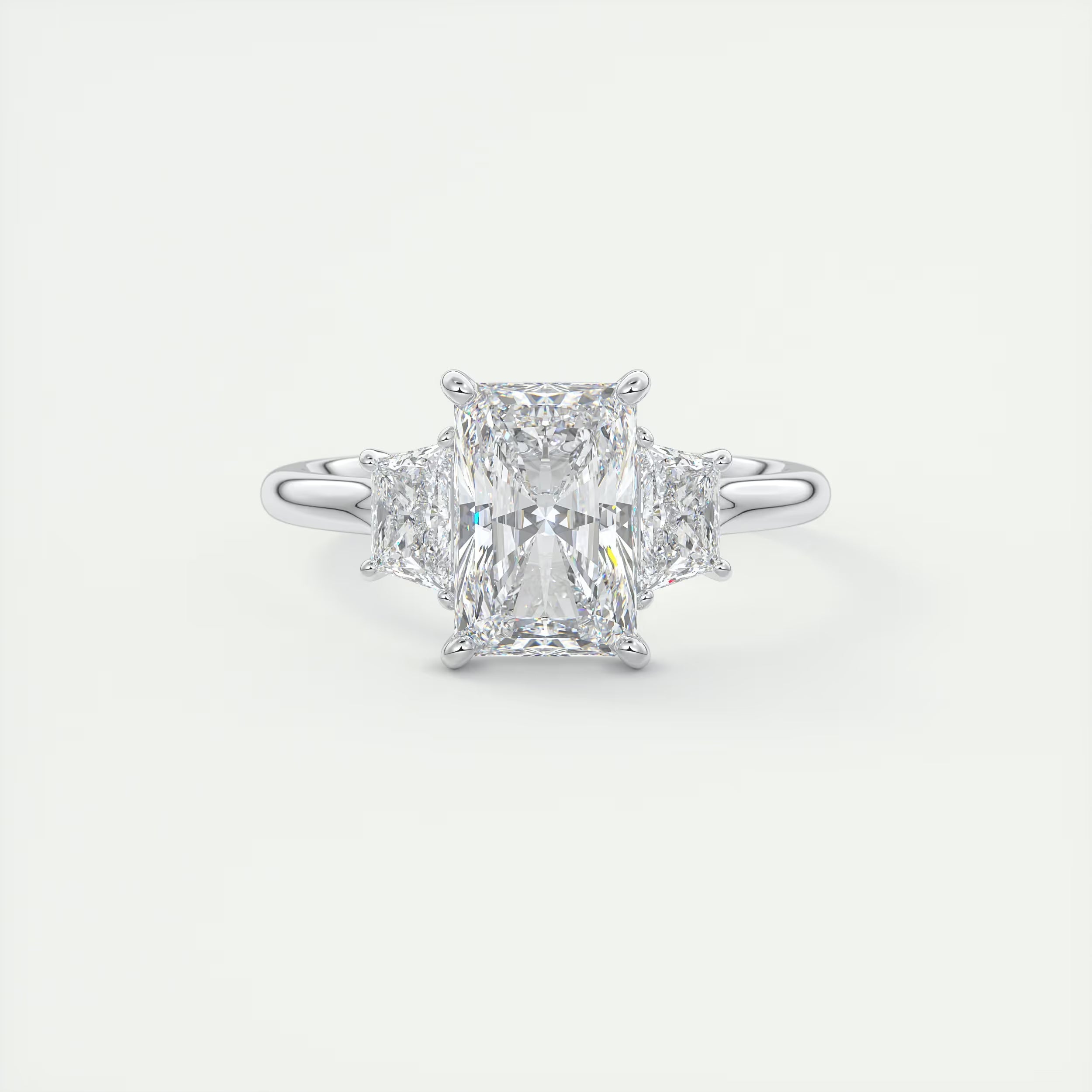 2.50 Ct Plunge Center Stone Radiant & Side Stone Trapezoids Three Stone Engagement Rings