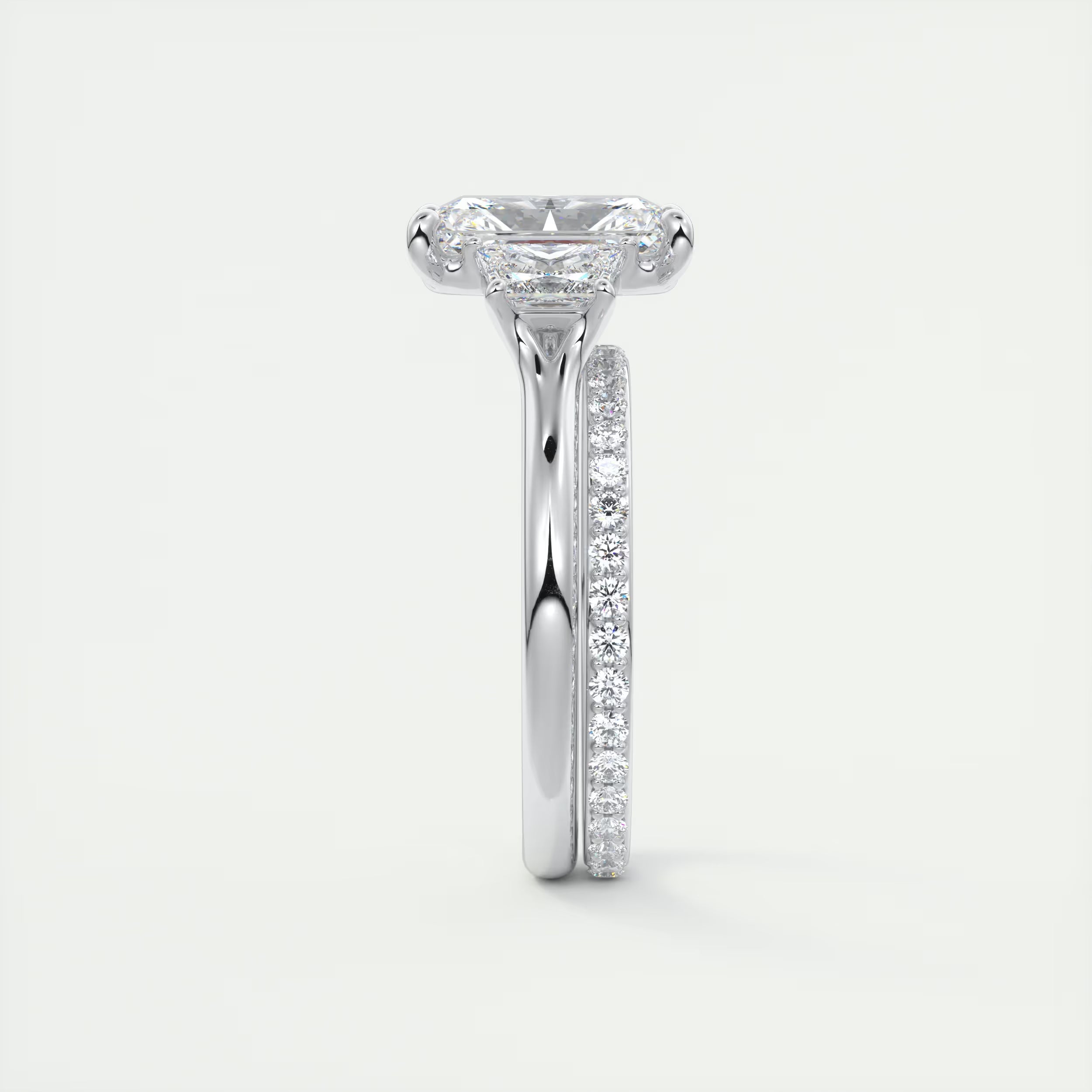 2.50 Ct Plunge Center Stone Radiant & Side Stone Trapezoids Three Stone Engagement Rings