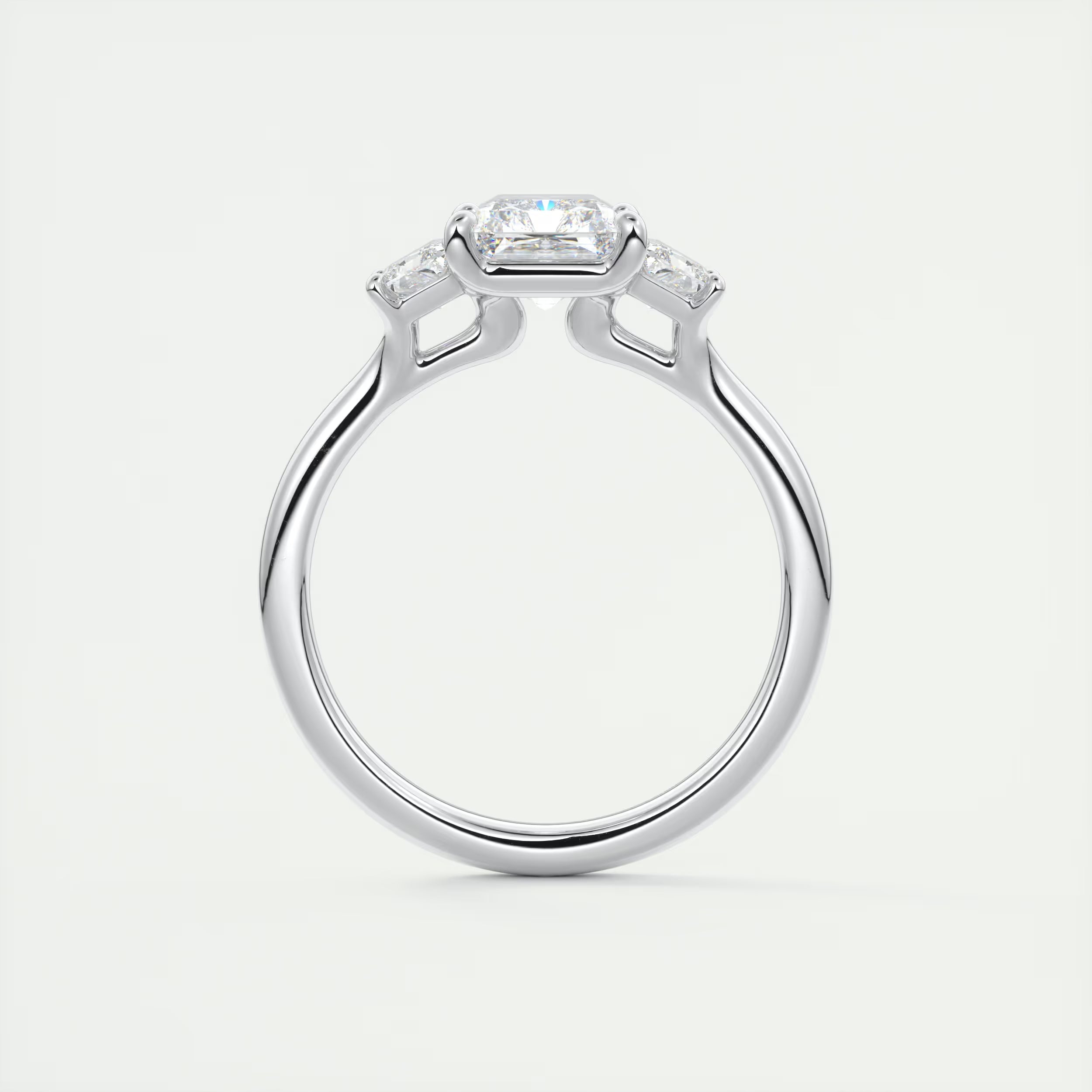 2.50 Ct Plunge Center Stone Radiant & Side Stone Trapezoids Three Stone Engagement Rings