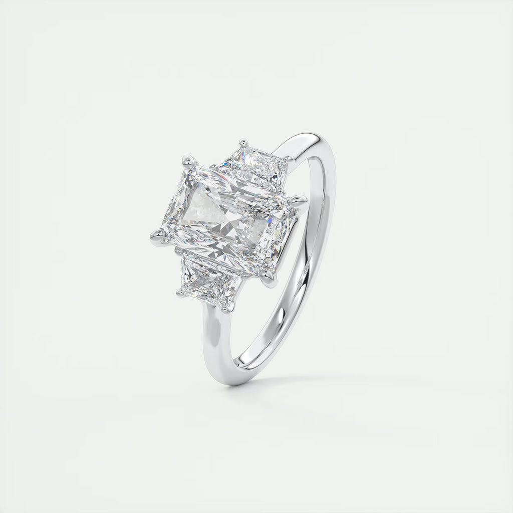 2.50 Ct Plunge Center Stone Radiant & Side Stone Trapezoids Three Stone Engagement Rings