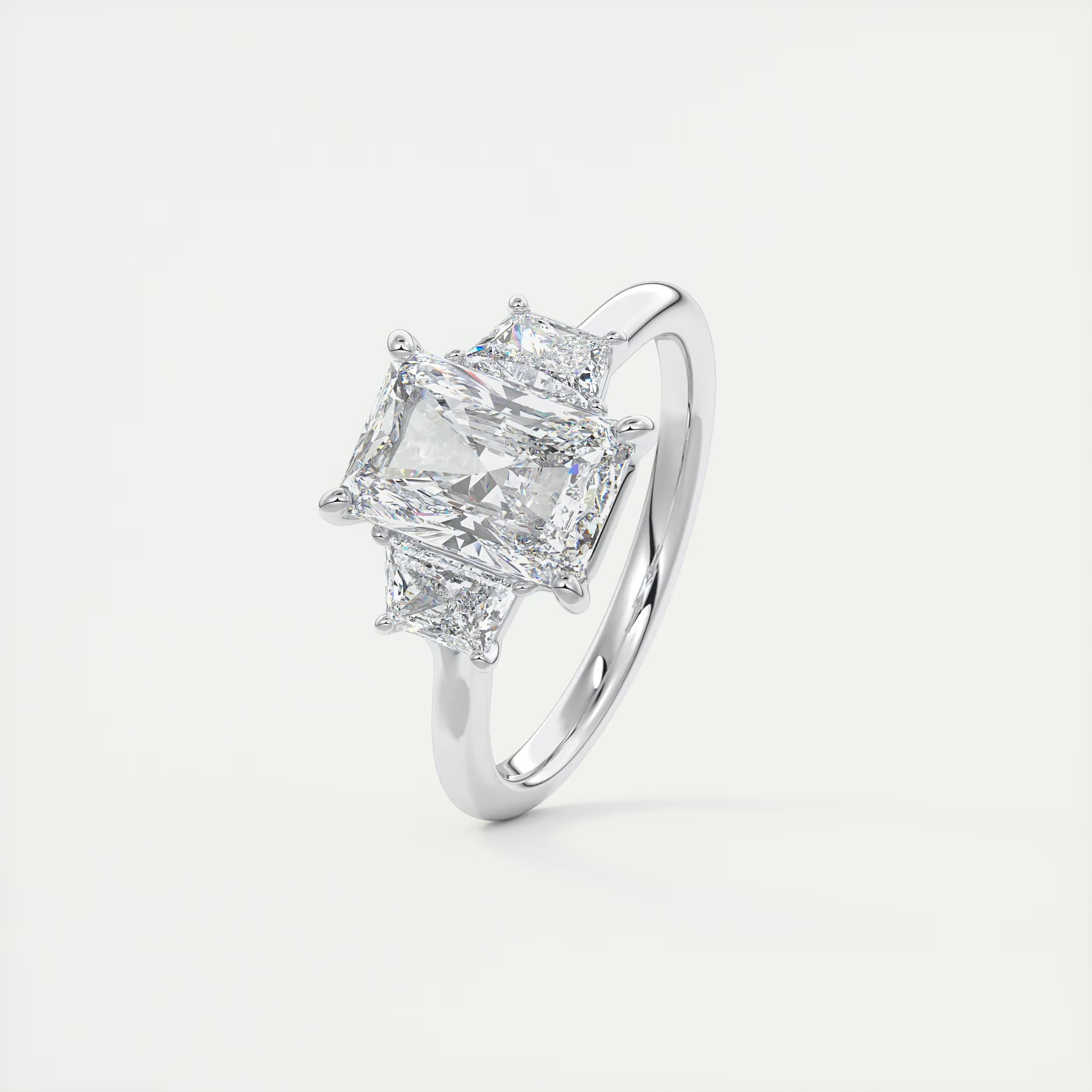 2.50 Ct Plunge Center Stone Radiant & Side Stone Trapezoids Three Stone Engagement Rings