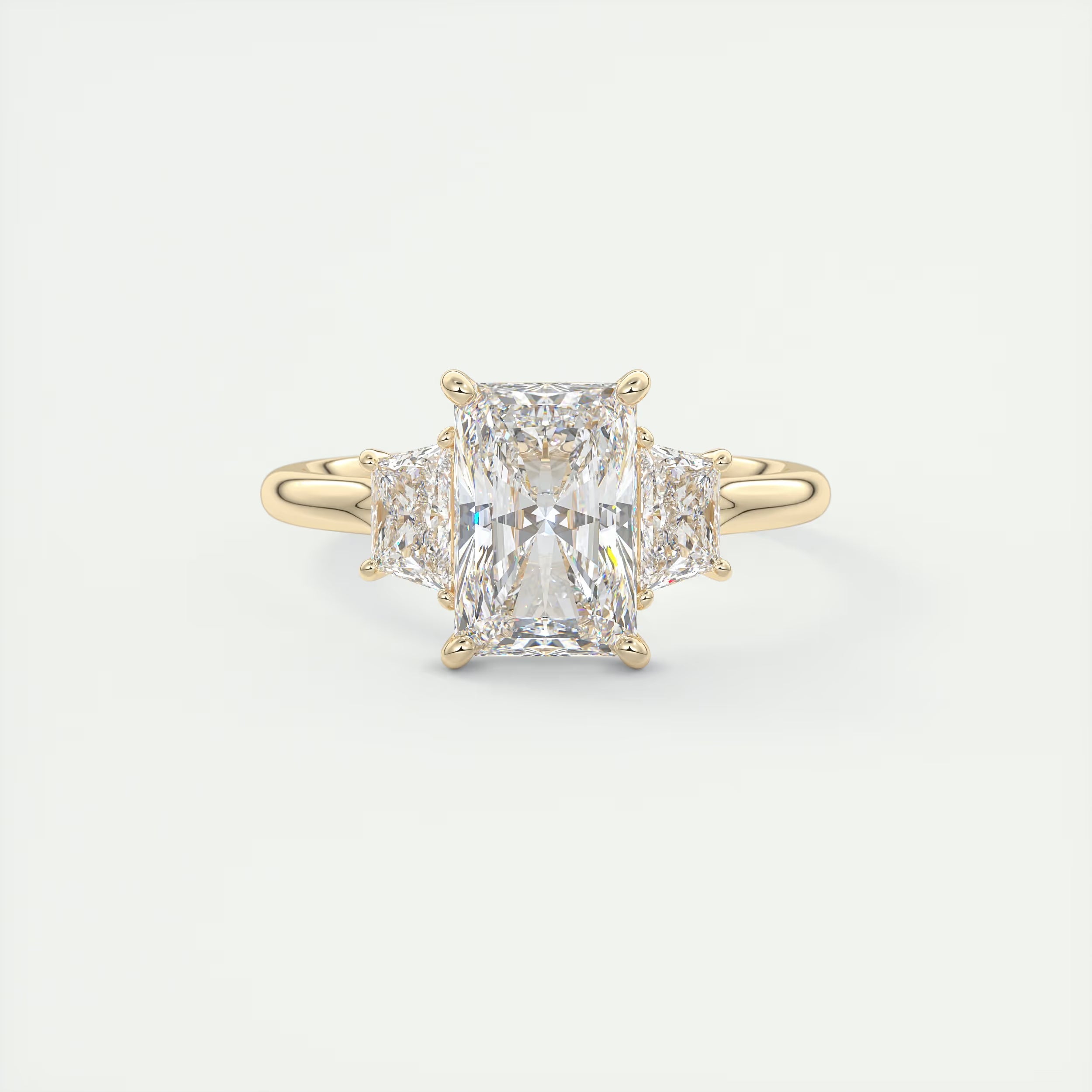 2.50 Ct Plunge Center Stone Radiant & Side Stone Trapezoids Three Stone Engagement Rings