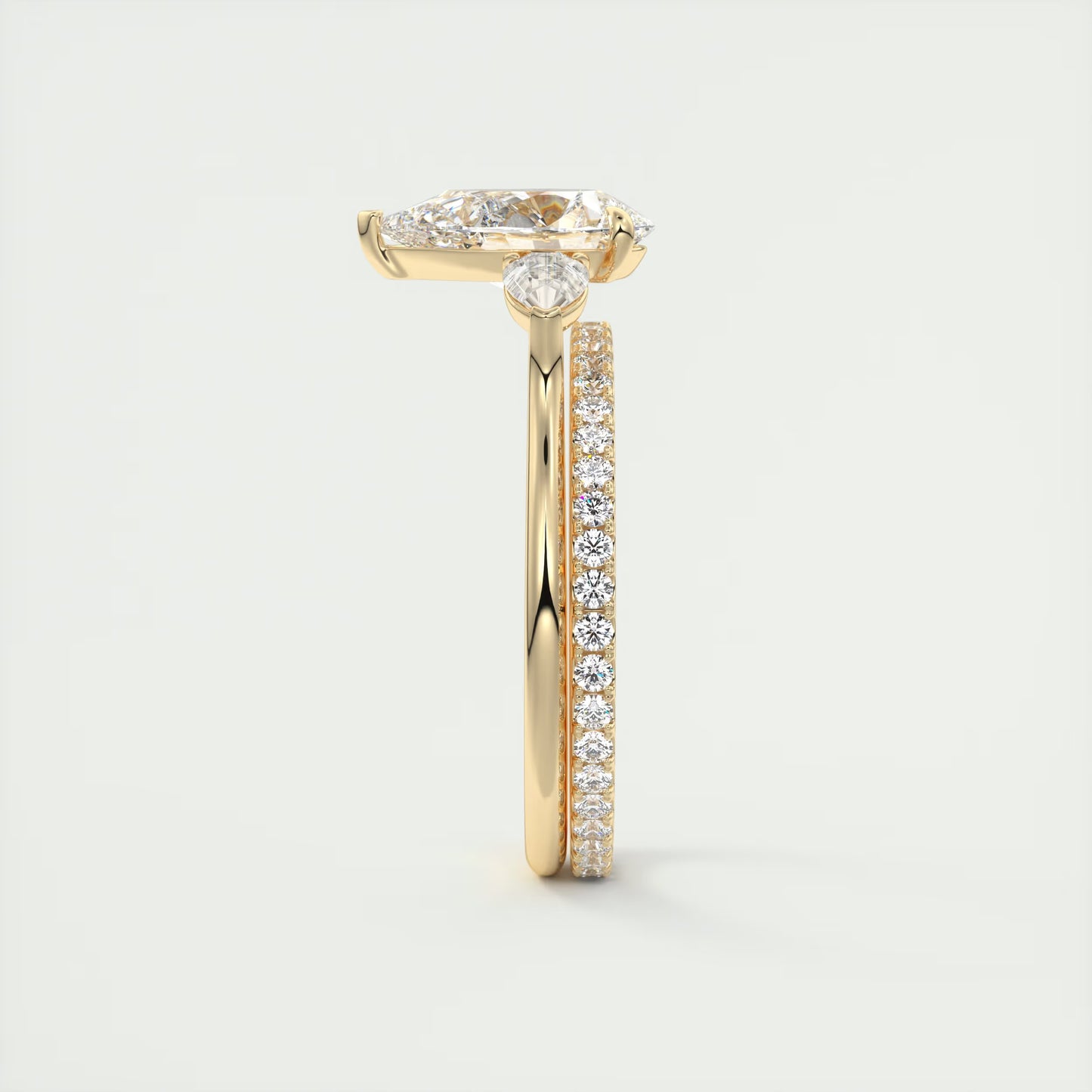 2.50 Ct Breezy Pears - Flush Stacking Pear Three Stone Solitaire Side Stone Rings