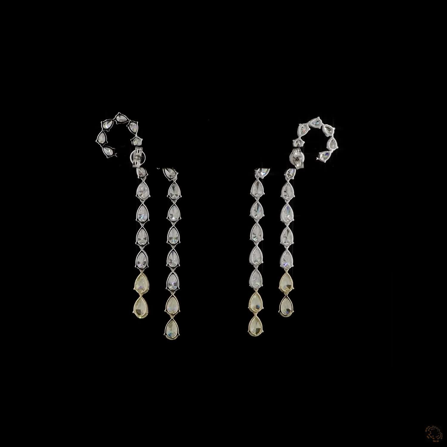 14.88 Ct Pear Cut Diamond Bow Ribbon Waterfall Drop Earrings | White & Fancy Yellow Diamond Dangle Earrings