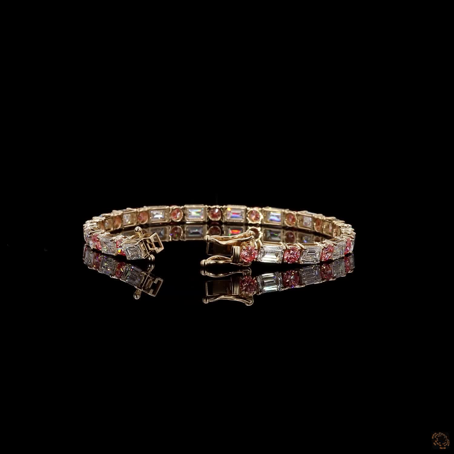 12.66 Ct Yellow Gold Pink Gemstone and Emerald Cut Diamond Alternating Tennis Bracelet  Alternative High-Volume Title: Two-Tone Pink Sapphire and Emerald Cut Diamond Line