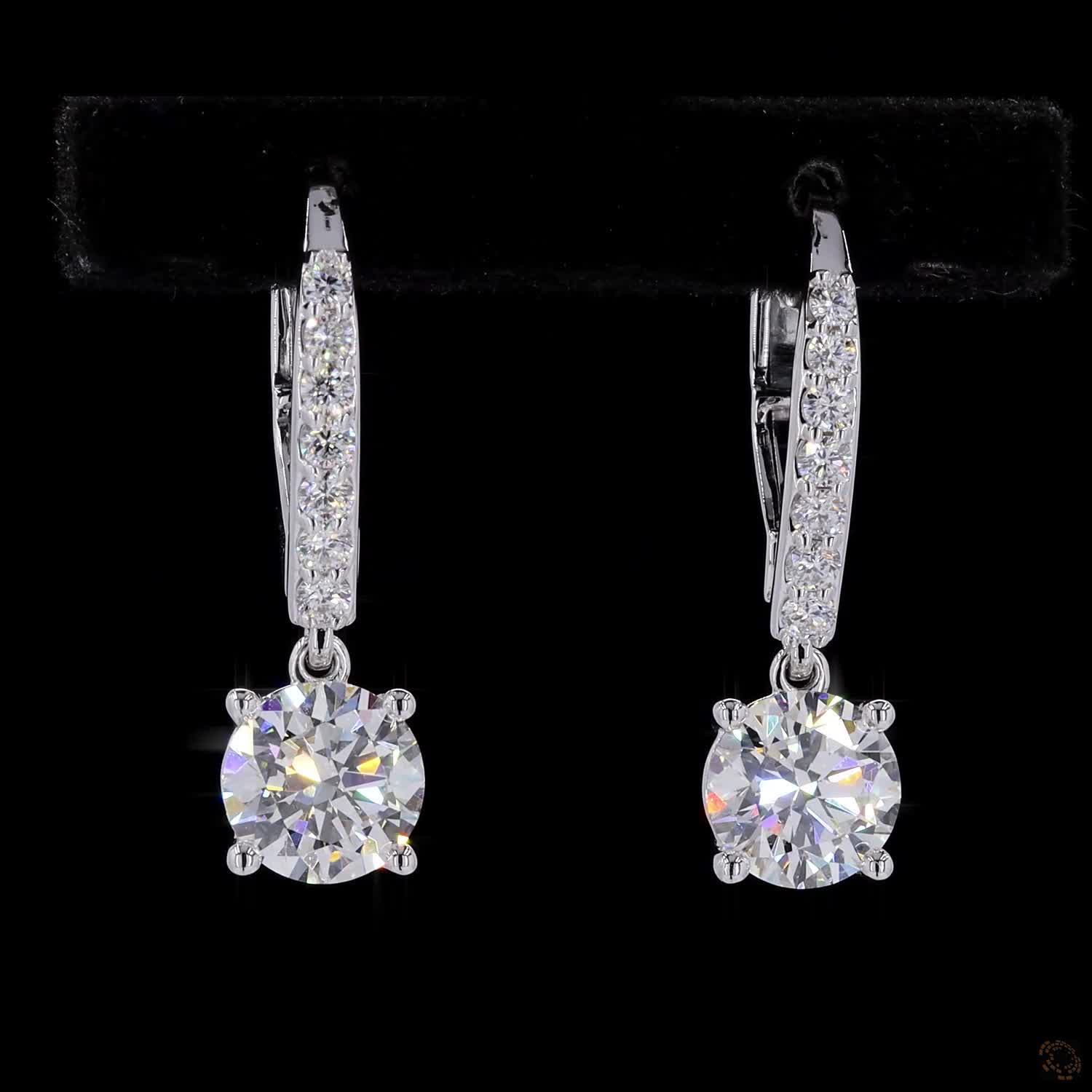 2.33 Ct Round Diamond Solitaire Dangle Earrings with Pavé Leverback Wire in White Gold