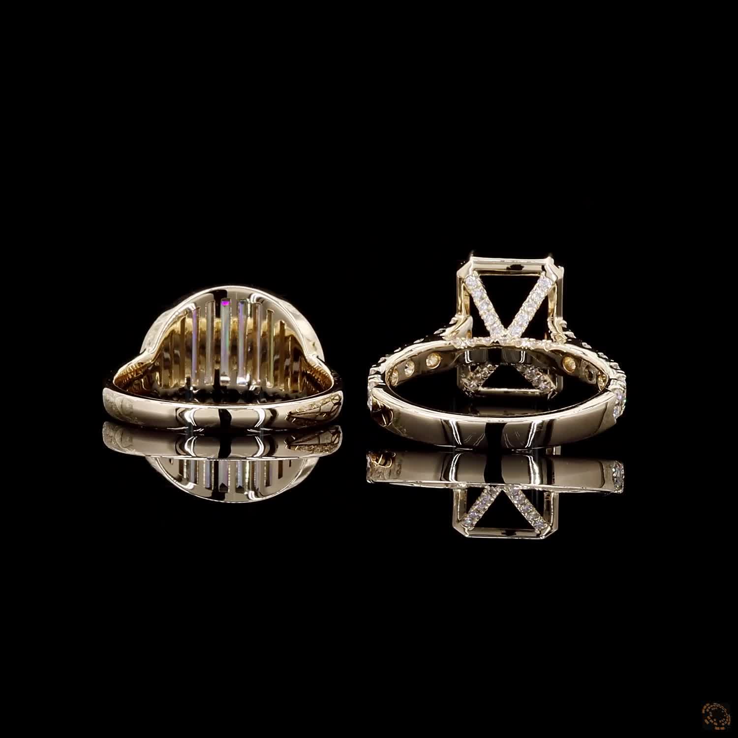 2.24 Ct Avant-garde two-ring bridal set comprising a half-moon shaped band paved with vertical baguette cut diamonds and a complementary high-set semi-mount engagement ring